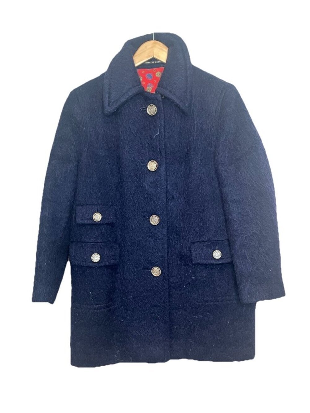 Vintage Coatique International Austria Navy Fuzzy Wool Coat Gold Buttons M